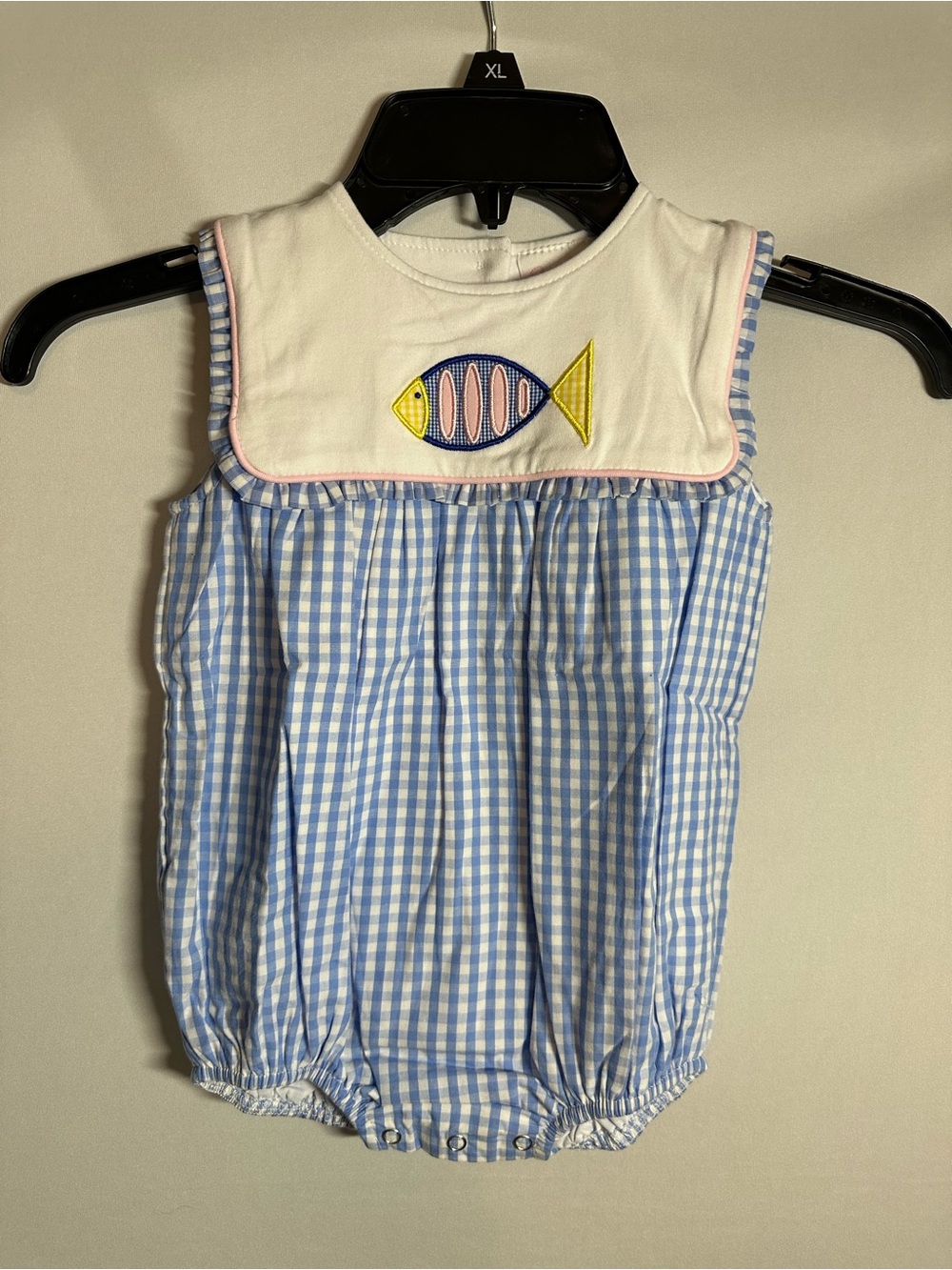 Blue Gingham Baby Bubble Romper with Fish Appliqué